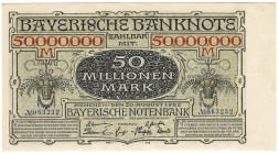 Banknoten, Deutschland / Germany. Bayern - Bayerische Notenbank. 50 Millionen Mark 1923 Länder-Banknote. BAY-15. II