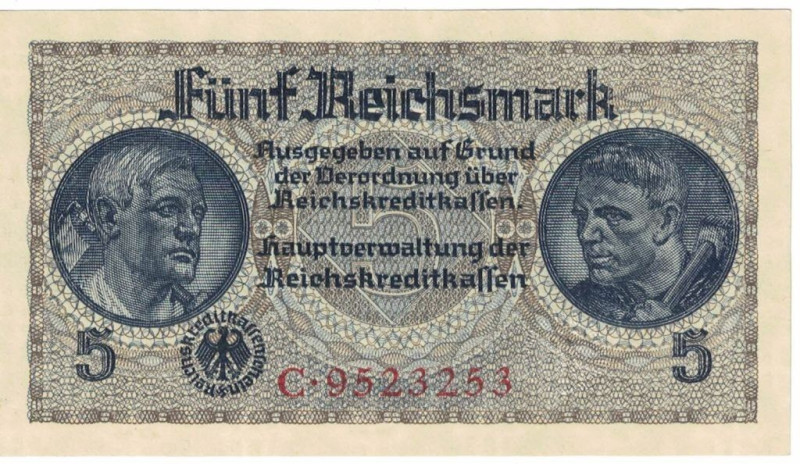 Banknoten, Deutschland / Germany. Deutsches Reich, Drittes Reich. 5 Reichsmark 1...