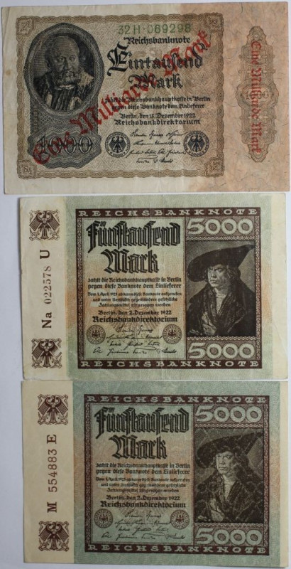 Banknoten, Deutschland / Germany, Lots und Sammlungen. 2 x 5000 Mark, 1 Milliard...