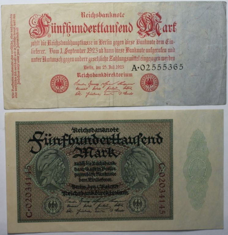 Banknoten, Deutschland / Germany, Lots und Sammlungen. 2 x 500 000 Mark 1923. Pi...