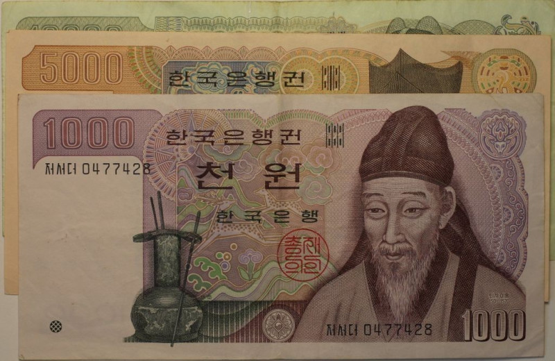 Banknoten, Korea, Süd / South Korea, Lots und Sammlungen. 1000, 5000, 10000 Won ...