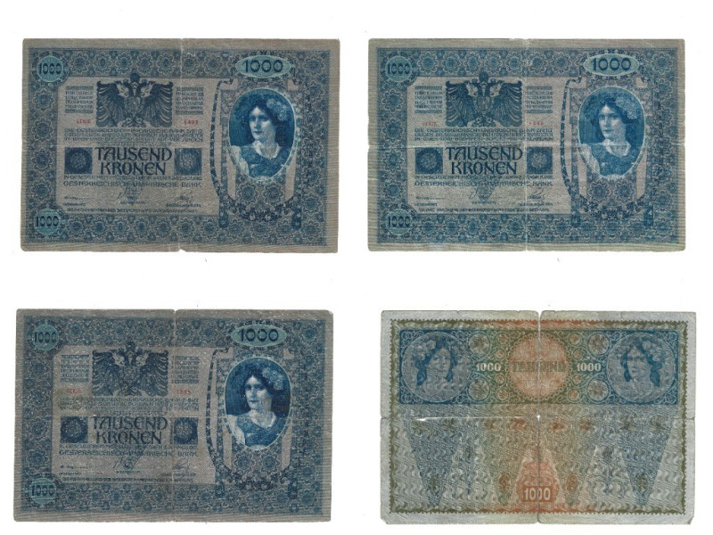 Banknoten, Österreich / Austria, Lots und Sammlungen. 4 x 1000 Kronen ND 1902 (1...