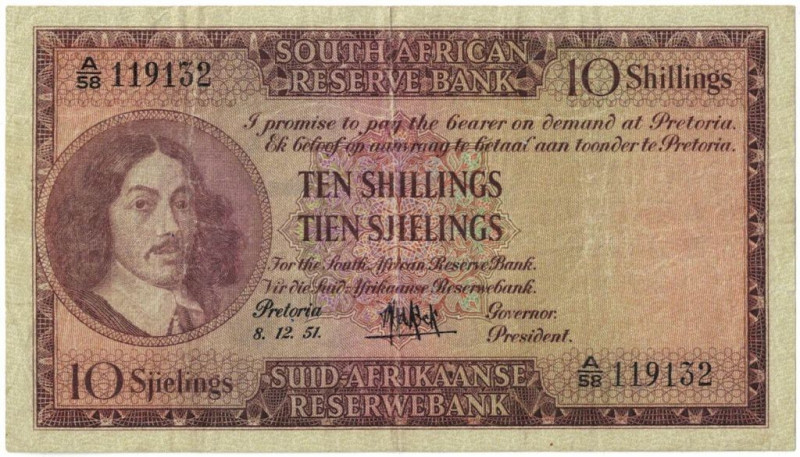 Banknoten, Südafrika / South Africa. 10 Shillings 1951. Erste Zeilen mit Banknam...
