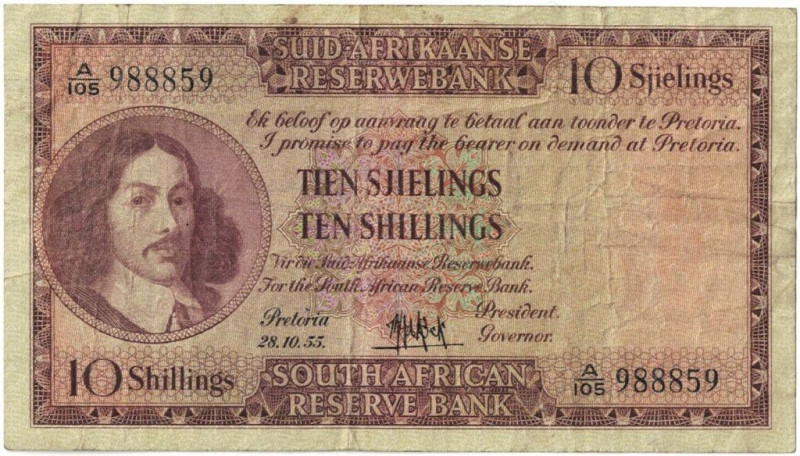 Banknoten, Südafrika / South Africa. 10 Shillings 1955. Erste Zeilen mit Banknam...