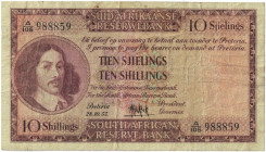 Banknoten, Südafrika / South Africa. 10 Shillings 1955. Erste Zeilen mit Banknamen und Wert in Afrikaans. Pick 91c. III