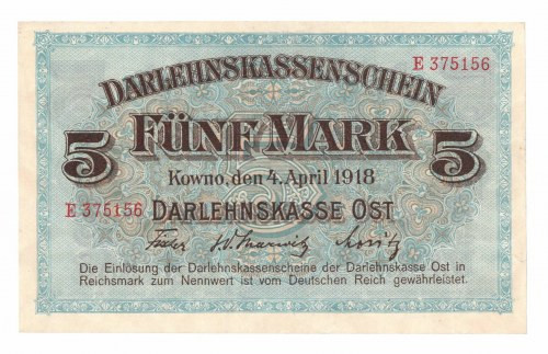 Ober-Ost, 5 marek 1918, Kowno Banknot o przyjemnej atrakcyjnej wizualnie prezenc...