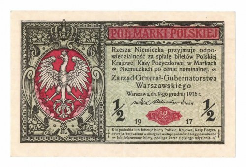 GG, 1/2 mkp 1916 Generał Banknot w okołoemisyjnym stanie zachowania, dziurka na ...