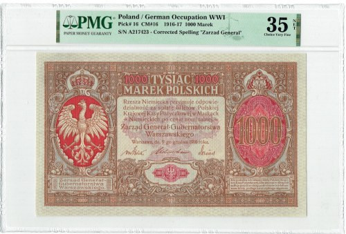 GG, 1000 mkp 1916 Generał - PMG 35 NET Banknot w dobrej wizualnie kondycji, wido...