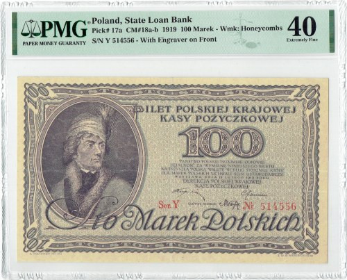 II RP, 100 marek 1919 Y - PMG 40 Ładnie zachowany banknot doceniony dobrą nota L...