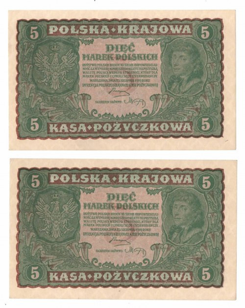 II RP, Zestaw 2 x 5 marek polskich 1919 Zestaw dwóch bardzo atrakcyjnych egzempl...