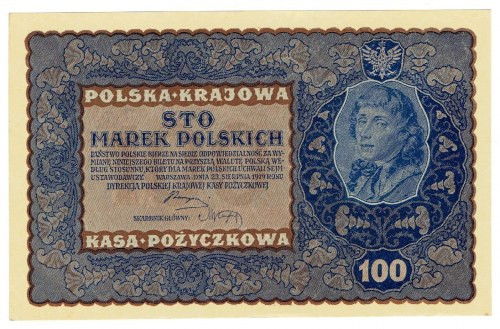 II RP, 100 marek polskich 1919 IH Serja V Banknot w pięknym emisyjnym stanie zac...