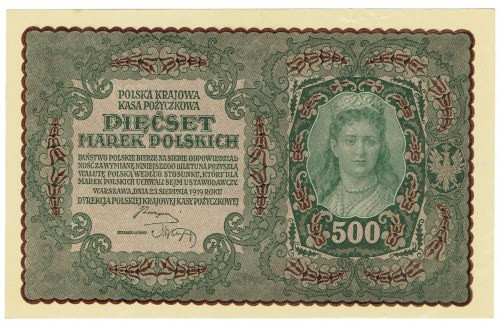 II RP, 500 marek polskich 1919 I Serja CD Banknot w pięknym stanie zachowania. Z...