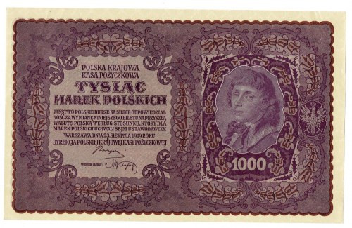 II RP, 1000 marek polskich 1919 I SERJA AO Wyśmienicie zachowany banknot z paczk...