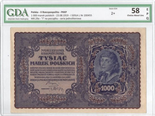 II RP, 1000 marek polskich 1919 I SERJA L - GDA 58EPQ Banknot w okołoemisyjnym s...