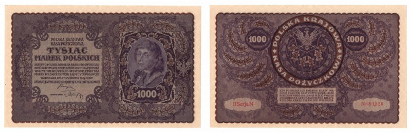 II RP, 1000 marek polskich 1919 II SERJA N Wyśmienicie zachowany banknot o ideal...