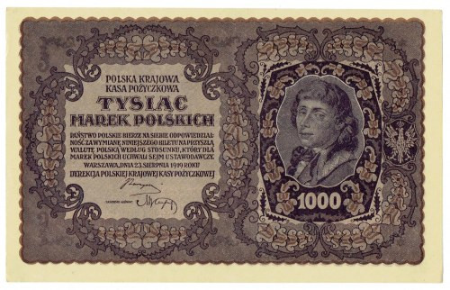 II RP, 1000 marek polskich 1919 III SERJA AH Wyśmienicie zachowany banknot z pac...