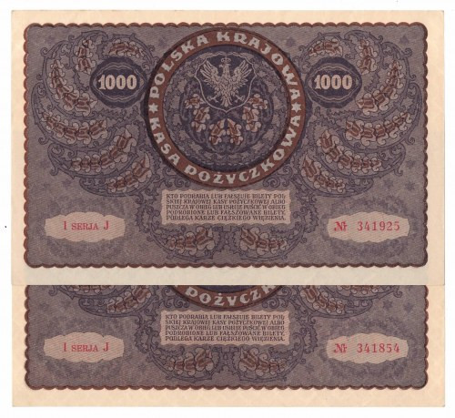 II RP, Zestaw 1000 marek polskich 1919 I seria J - 2 egzemplarze Banknoty o bard...