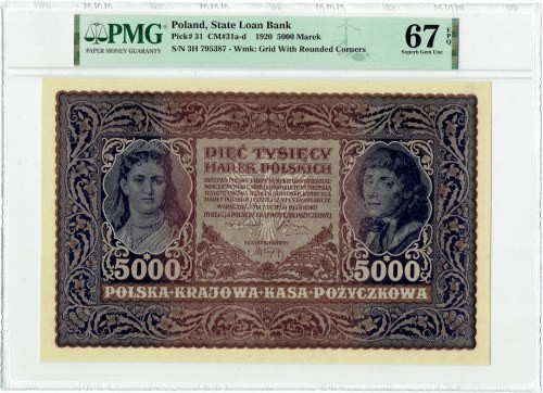 II RP, 5000 marek polskich 1920 III SERJA H - PMG 67 EPQ Wyśmienicie zachowany b...