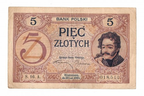 II RP, 5 złotych 1919 S.16.A Egzemplarz w pełni naturalnej kondycji, o przyjemne...