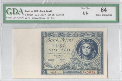II RP, 5 złotych 1930 BB - GDA 64 Egzemplarz w emisyjnej kondycji o pięknej prez...