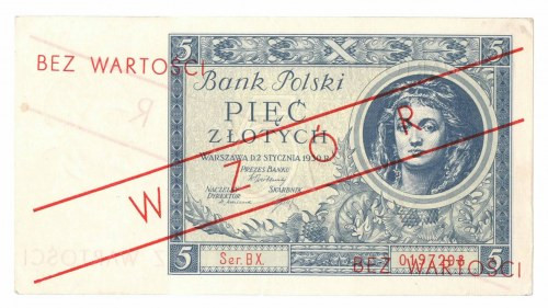 II RP, 5 złotych 1930 BX z nadrukiem WZÓR Obiegowy banknot z wykonanym w później...