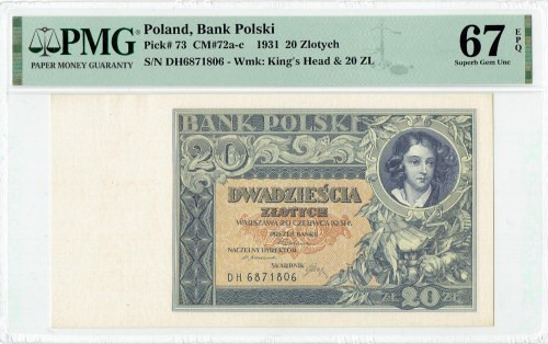 II RP, 20 złotych 1931 DH - PMG 67 EPQ Egzemplarz w emisyjnym stanie zachowania,...