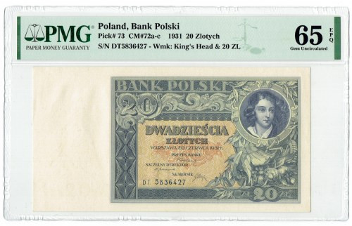 II RP, 20 złotych 1931 DT - PMG 65 EPQ Egzemplarz w emisyjnym stanie zachowania,...