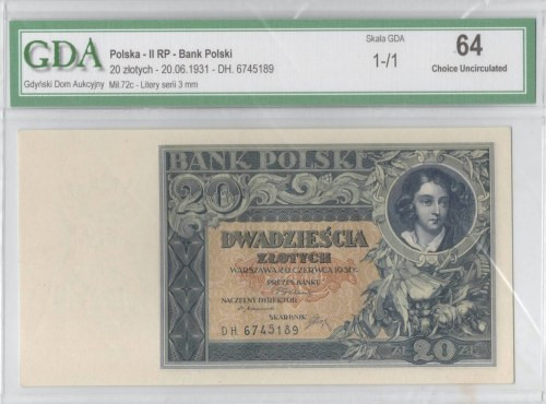 II RP, 20 złotych 1931 DH - GDA 64 Egzemplarz w emisyjnym stanie zachowania, pap...