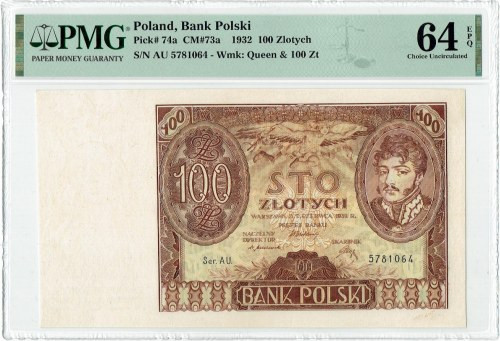 II RP, 100 złotych 1932 AU. - dodatkowe kreski na marginesie PMG 64 EPQ Banknot ...