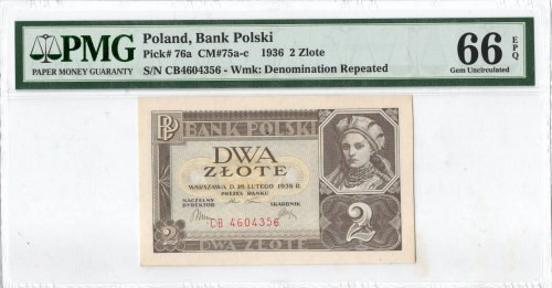 II RP, 2 złote 1936 CB - PMG 66EPQ Egzemplarz w emisyjnym stanie zachowania doce...