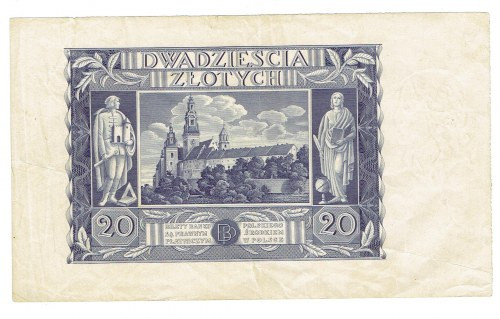 II RP, 20 złotych 1936 - nieukończony druk Nieukończony banknot 20 złotych 1936,...