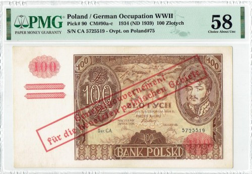 GG, 100 złotych 1934 C.N. z fałszywym nadrukiem - PMG 58 Bardzo dobrze zachowany...