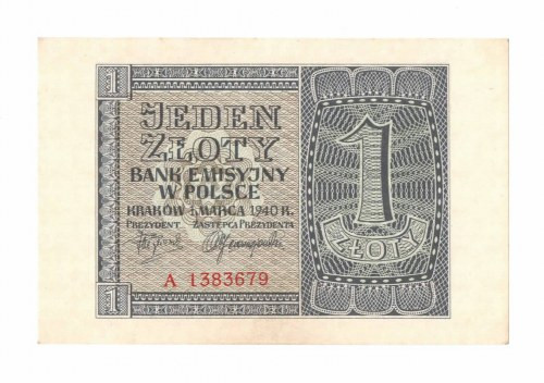 GG, 1 złoty 1940 A Egzemplarz w emisyjnej kondycji, z małym minusem za ugięty pr...