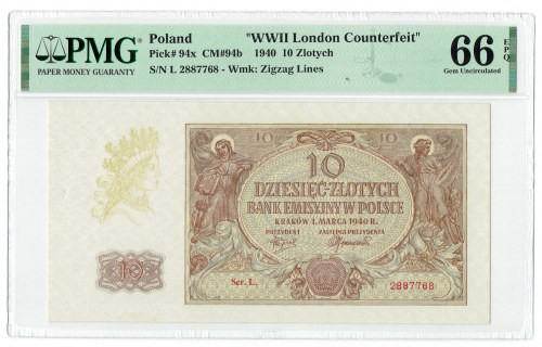 GG, 10 złotych 1940 L WWII London Counterfeit - PMG 66 EPQ Banknot w emisyjnym s...