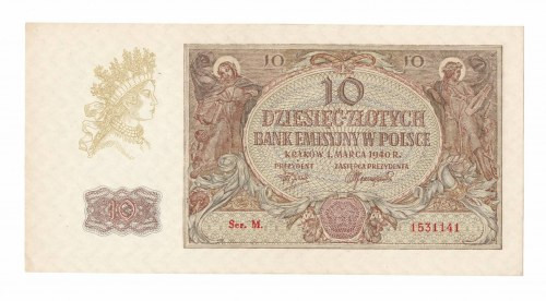 GG, 10 złotych 1940 rzadsza seria M Egzemplarz w emisyjnym stanie zachowania, z ...