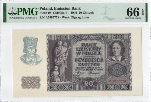 GG, 20 złotych 1940 A - PMG 66EPQ Wyśmienicie zachowany banknot o idealnej żywej...