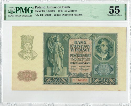 GG, 50 złotych 1940 C - PMG 55 RZADKA Doskonale zachowany banknot, piękna prezen...