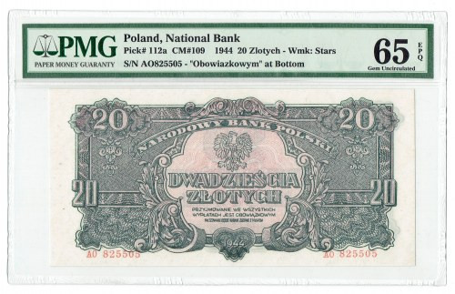 PRL, 20 złotych 1944 - 'owym' AO PMG 65 EPQ Wyśmienicie zachowany banknot o idea...