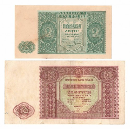 PRL, Zestaw banknotów z roku 1946 Zestaw w którym 2 złote jest w kondycji niemal...