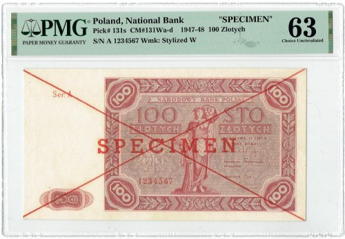 PRL, 100 złotych 1947 - WZÓR - A - PMG 63 Wzór dla kas zagranicznych z czerwonym...