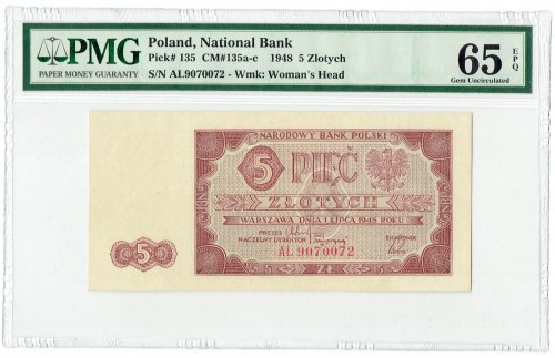 PRL, 5 złotych 1948 AŁ - PMG 65 EPQ Doskonale zachowany, doceniony przez PMG not...