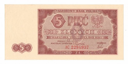 PRL, 5 złotych 1948 AC Doskonale zachowany banknot w emisyjnej kondycji, przycze...