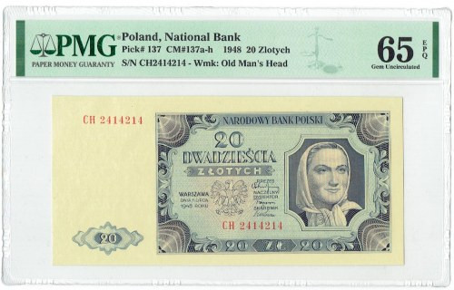 PRL, 20 złotych 1948 CH - PMG 65 EPQ Wyśmienicie zachowany banknot o idealnej ży...