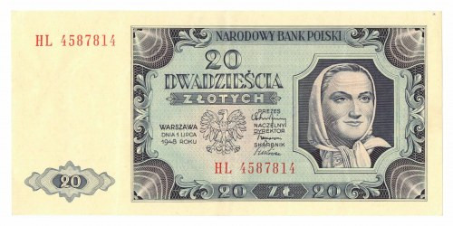 PRL, 20 złotych 1948 HL Naturalny banknot z piękną prezencja i lśniącym drukiem ...