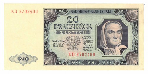 PRL, 20 złotych 1948 KD Egzemplarz w przyjemnej wizualnie odsłonie z widocznym c...