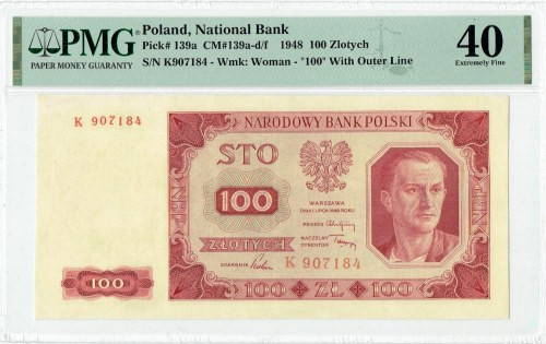 PRL, 100 złotych 1948 K , BARDZO RZADKI - PMG 40 Bardzo rzadka i poszukiwana jed...