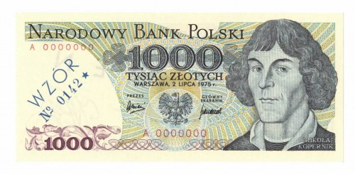 PRL, 1000 złotych 1975 - WZÓR - Nr 0142 Doskonale zachowany banknot o idealnej ż...