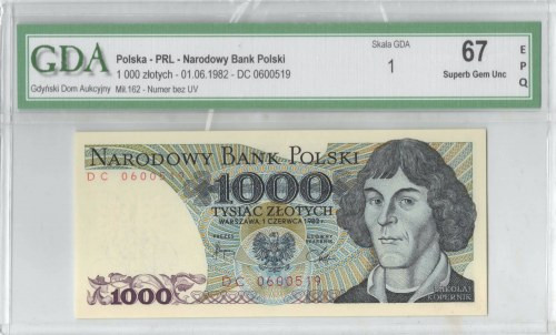 PRL, 1000 złotych 1982 DC - GDA 67EPQ Wyśmienity perfekcyjny egzemplarz docenion...