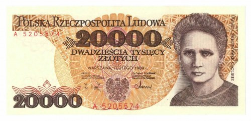 PRL, 20000 złotych 1989 A Doskonale zachowany banknot o żywej kolorystyce druku....