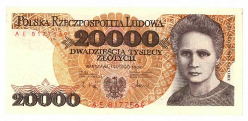 PRL, 20000 złotych 1989 AE Egzemplarz o emisyjnej prezencji i doskonałej kolorys...